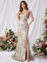 Floral Sequin Pattern Split Thigh Dress